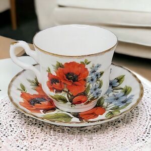 Vintage Royal Stafford Bone China Poppy Poppies Tea Cup And Saucer Floral Set